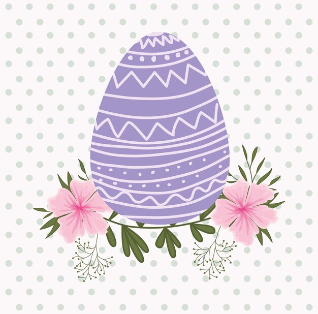 Tarjeta de Pascua feliz con huevo pintado y flores