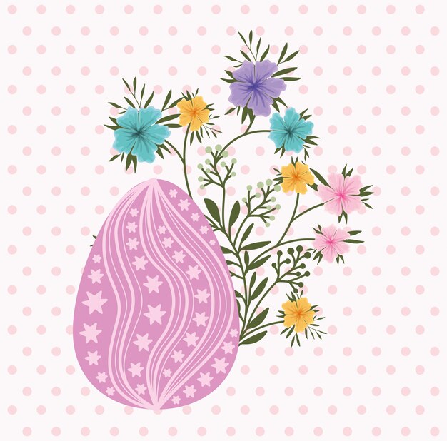 Tarjeta de Pascua feliz con huevo pintado y flores