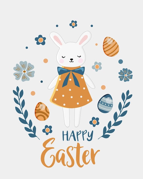 Tarjeta de Pascua feliz con huevos de Pascua de conejo Ilustración de Pascua de vacaciones en estilo de dibujos animados Lindo conejito