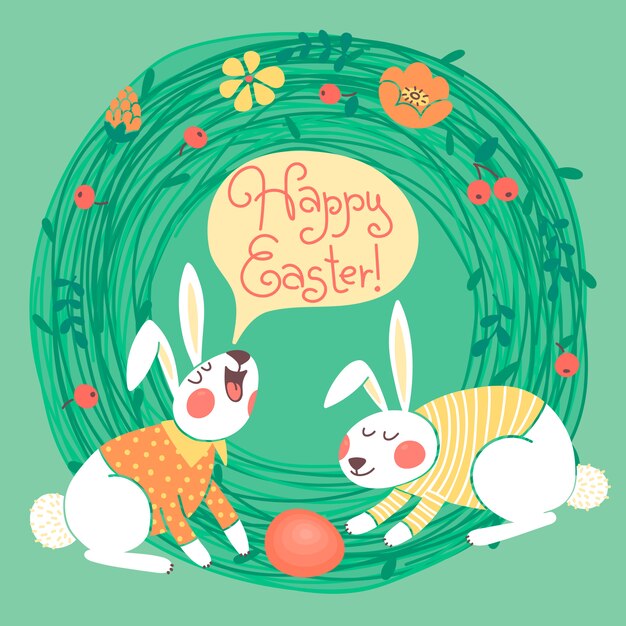 Tarjeta de Pascua feliz con lindos conejitos.