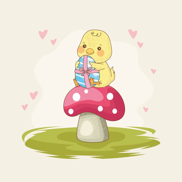 Tarjeta de pascua feliz con pollito con pintura de huevo en hongo