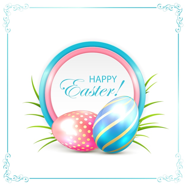Tarjeta de Pascua con huevos azules y rosas, ilustración.