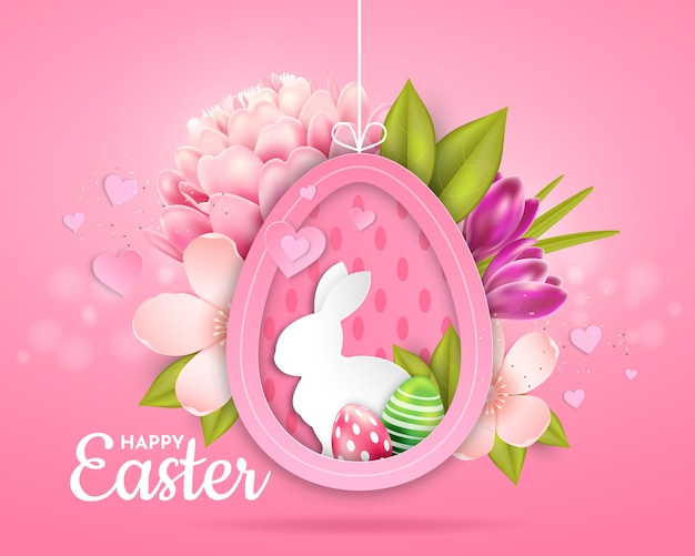 Tarjeta de Pascua con la imagen de un conejo, huevos y flores.