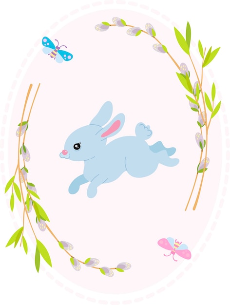 Tarjeta de Pascua lindo conejito azul en una corona de ramitas de sauce