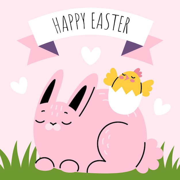 Tarjeta de Pascua con lindo conejo blanco y cinta de pollo con la inscripción feliz Pascua Vector
