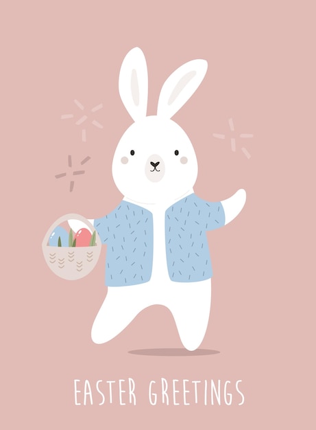 Tarjeta de pascua con lindo conejo divertido y canasta de huevos