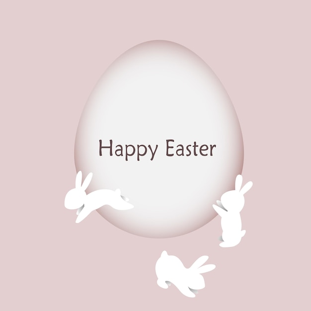 Una tarjeta de Pascua en un marco en forma de huevo con conejos saliendo de ella es un icono de papel cortado.