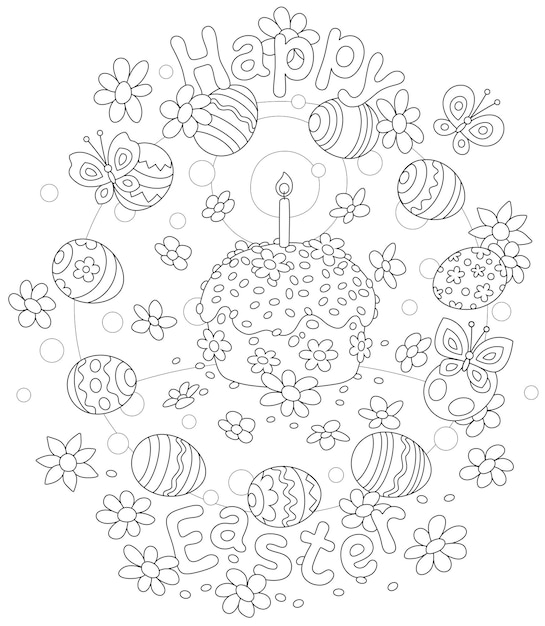 Tarjeta de Pascua con un pastel elegante, huevos de regalo decorados, flores y mariposas que revolotean alegremente