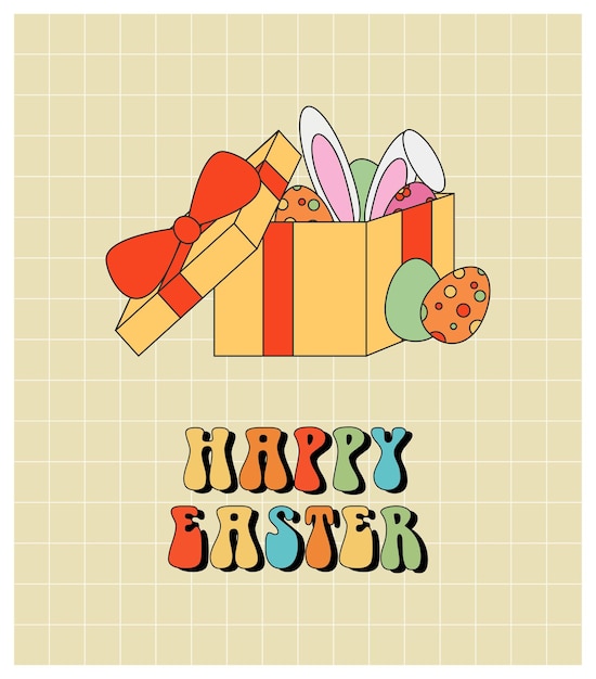 Tarjeta de pascua con regalo, huevos de pascua y conejito de pascua