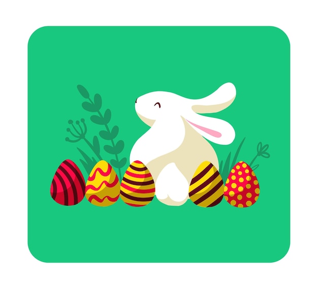 Tarjeta de Pascua con silueta de personaje de conejito blanco sentado huevos aislados y decorados sobre fondo verde floral Para tarjetas de vacaciones impresiones decoración de diseño de banner, etc. Ilustración de vector de estilo plano