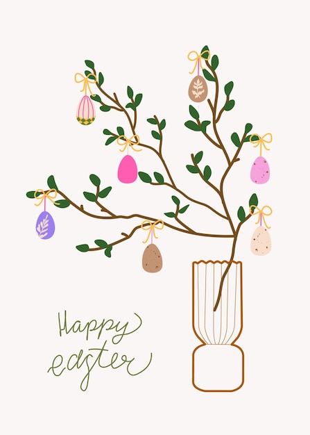 Tarjeta de Pascua testigo árbol de huevos de Pascua pieza central decorada con huevos y arcos Feliz escritura de Pascua