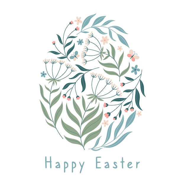 Tarjeta de Pascua vintage con flores de primavera y mariposas en plantilla ovalada