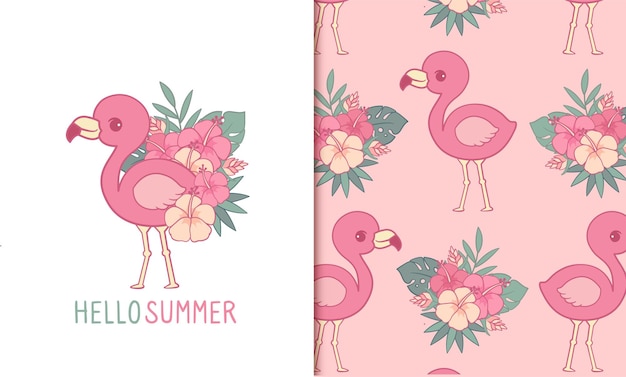 Tarjeta y patrones sin fisuras florales de verano tropical flamenco rosa