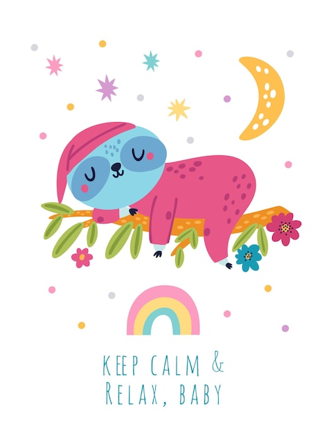 Tarjeta de perezosos lindos animal perezoso de la selva personaje tropical feliz mamífero durmiendo en la rama tranquilo y relajado soñando somnoliento en pijama criatura somnolienta diseño de tarjeta postal de dibujos animados vectorial