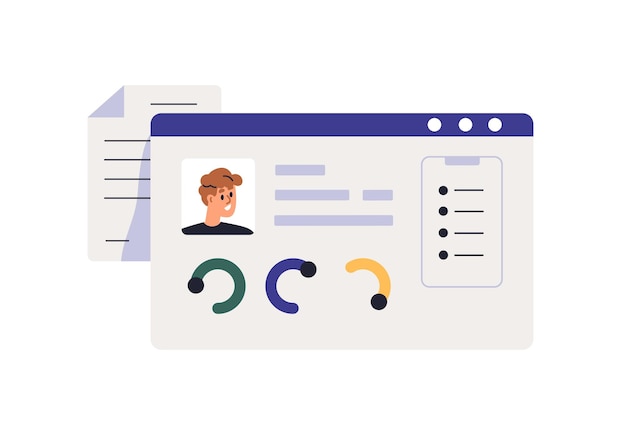 Tarjeta de perfil con información personal, datos, estadísticas de clientes, indicadores abstractos. Cuenta con avatar y rango individual, evaluación de tarifas. Ilustración de vector plano aislado sobre fondo blanco.
