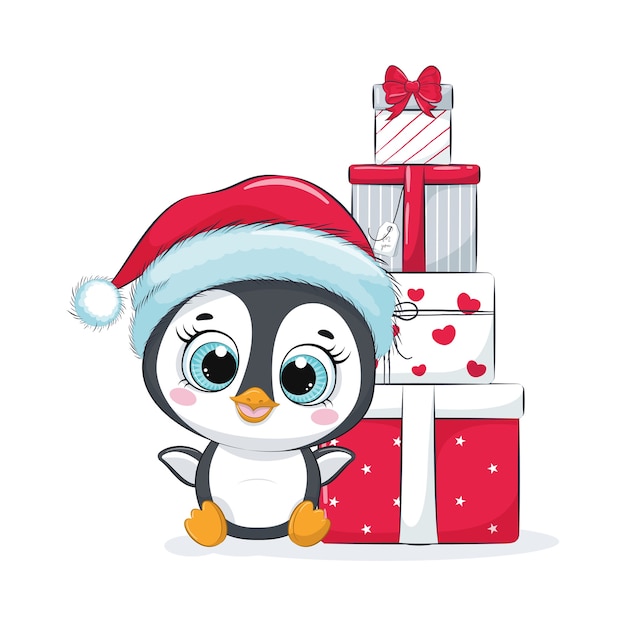 Tarjeta con pingüino con cajas regalo. feliz navidad diseño.