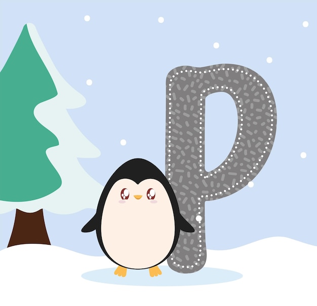 Vector tarjeta de pingüino y letra p