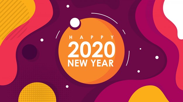 Tarjeta plana moderna de feliz año nuevo 2020 en diseño de memphis