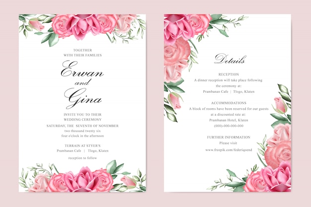 Tarjeta de plantilla de invitación de boda con acuarela floral y hojas