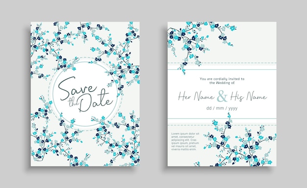 Tarjeta de plantilla de invitación de boda de delicadas flores azules en azul bebé claro