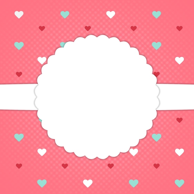 Tarjeta de plantilla roja con corazones azules, rojos y blancos. Ilustración vectorial