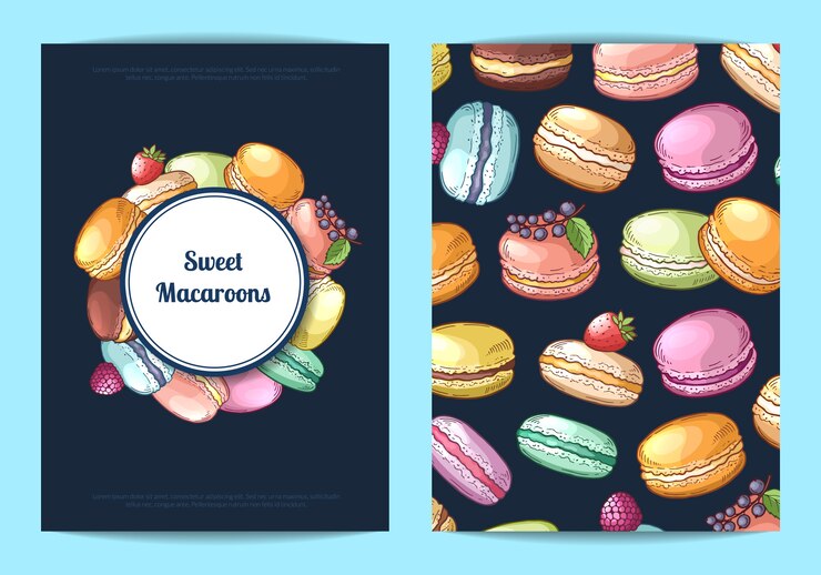 Vector tarjeta, plantilla de volante para dulces o pastelería con ilustración de macarrones dibujados a mano color