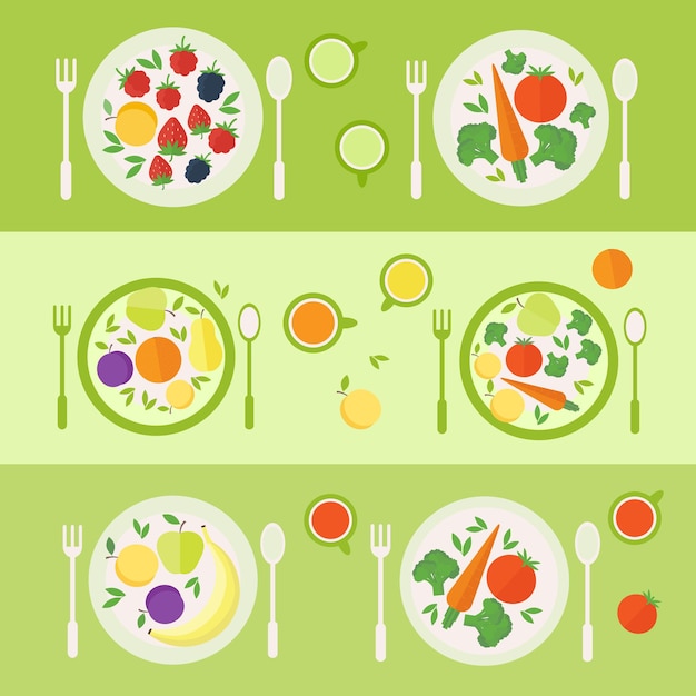 Tarjeta con platos con frutas, verduras y bayas con tenedor y cuchara y vasos de jugo en una mesa de la cocina. concepto de comida vegetariana cruda. ilustración vectorial