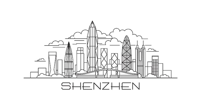 Tarjeta postal de la bandera del cartel del estilo de la línea de shenzhen para la camisa de la camiseta de la compañía de viajes dibujos animados de shenzhen