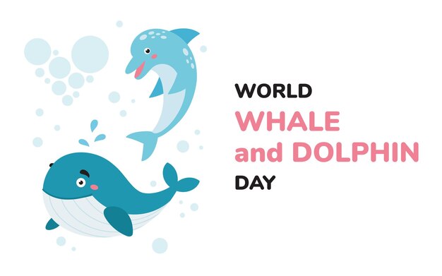 Tarjeta postal del Día Mundial de las Ballenas y los Delfines con personajes de dibujos animados de ballenas y delfines Ilustración vectorial
