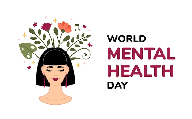 Tarjeta postal del Día Mundial de la Salud Mental con una mujer latina que acepta amarse a sí misma y texto Ilustración vectorial para vacaciones internacionales Diseño plano de estilo dibujos animados Concepto de salud mental