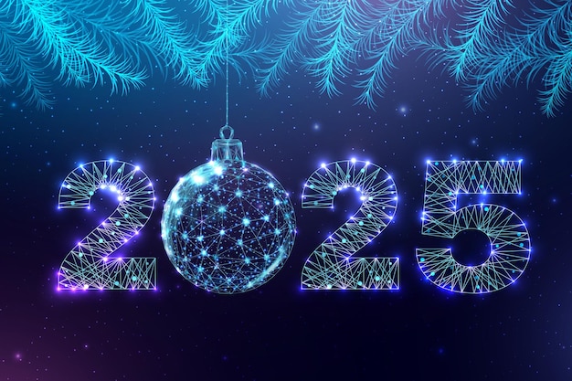 Tarjeta postal Feliz Año Nuevo 2025 Bola de Navidad de bajo poli y ramas de abeto Números