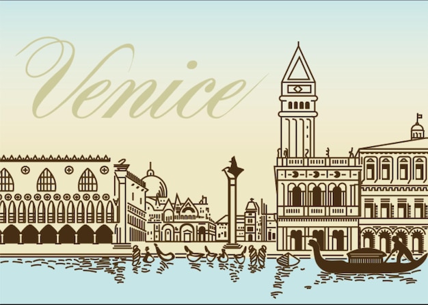 Vector una tarjeta postal con una imagen de una ciudad y la palabra venecia en ella