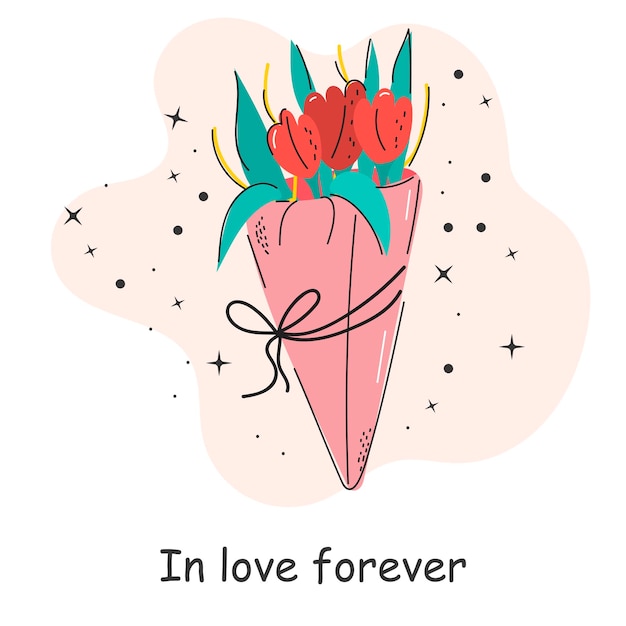Tarjeta postal con una inscripción sobre el amor Ramo de flores Día de San Valentín Ilustración vectorial con elementos en un fondo blanco