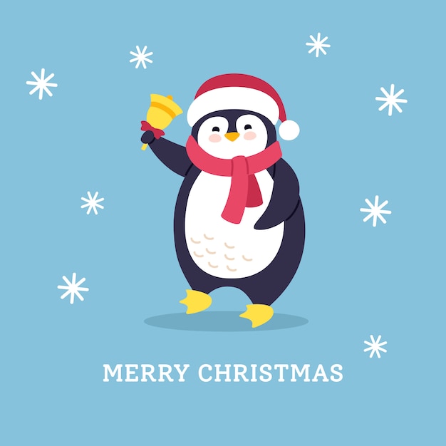 Tarjeta postal de invierno saludo Navidad. Pingüino plano con campana. Carácter animal de año nuevo. Aislado