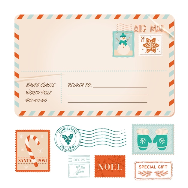 Tarjeta postal de invitación de vector antiguo de invierno, postal vintage de Navidad, sellos de fiesta de Navidad, sellos de goma, saludo navideño, elementos de diseño de bloc de notas, carta de franqueo de correo, santa, copos de nieve, árbol