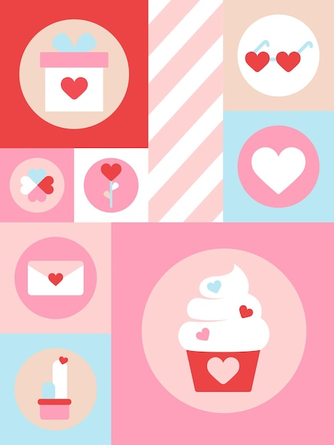 Tarjeta postal de mosaico Fondo geométrico de moda Patrón sin costuras para el estilo Bauhaus del Día de San Valentín
