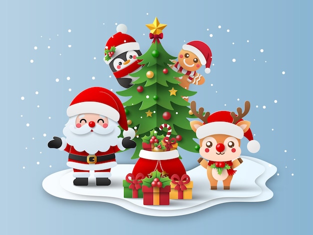 Tarjeta postal navideña de Papá Noel y renos con árbol de Navidad y regalo