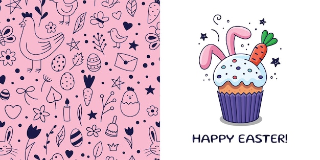 Vector tarjeta postal de pascua con pastel de pascua, conejos, orejas, zanahorias en estilo de dibujos animados, ilustración de doodle vector