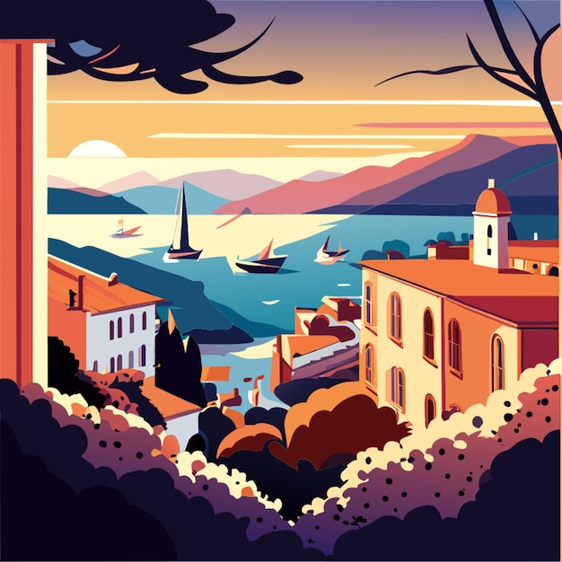 Vector tarjeta postal retro de una ciudad tranquila junto al mar con barcos lejos durante la ilustración vectorial del atardecer