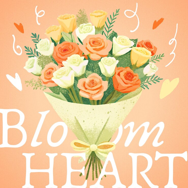 Tarjeta postal romántica con una ilustración de ramos de flores dibujados con tiza