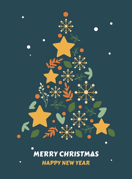 Tarjeta postal con texto feliz año nuevo y feliz Navidad con decoraciones de Navidad y diseño tipográfico