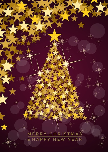 Tarjeta postal vectorial de árbol de Navidad o saludo en fondo púrpura Estrellas doradas riqueza y prosperidad