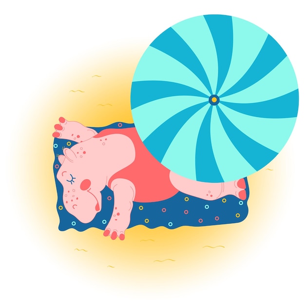 Una tarjeta postal de verano en un estilo plano con una imagen de un hipopótamo lindo en la playa