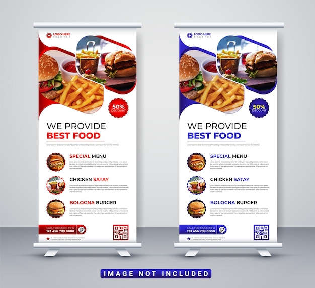 Tarjeta de presentación de la empresa de negocios corporativos del menú de diseño de pancarta acumulativa de alimentos y restaurantes, pancarta de soporte X