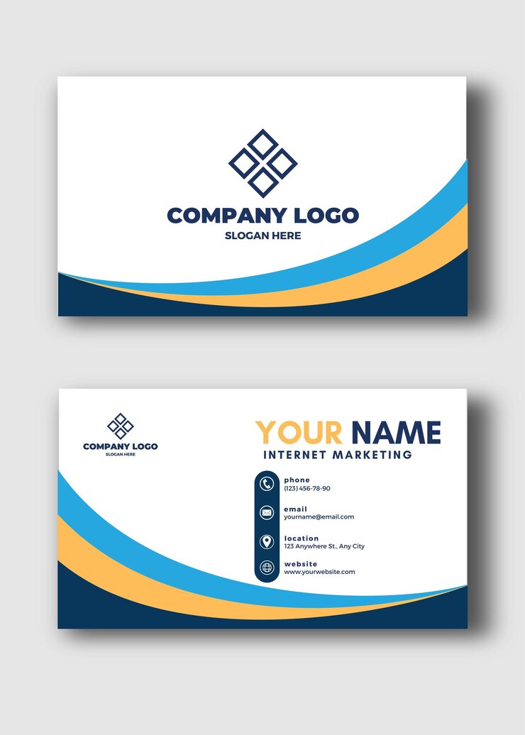 Tarjeta de presentación y tarjeta de presentación creativa moderna amarilla azul y blanca, diseño de vector de plantilla.