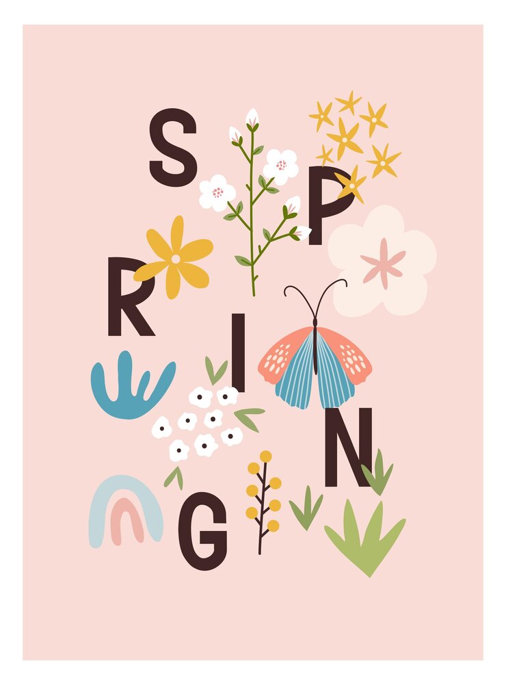 Vector tarjeta de primavera boho escandinavo con flores de primavera, ramas con flores, pájaros y mariposas. bueno para carteles, tarjetas, invitaciones, volantes, pancartas, carteles, folletos. ilustración vectorial.