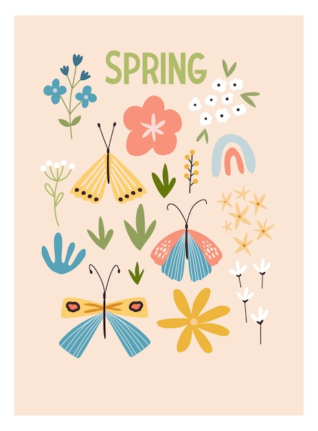 Tarjeta de primavera boho escandinavo con flores de primavera, ramas con flores, pájaros y mariposas. Bueno para carteles, tarjetas, invitaciones, volantes, pancartas, carteles, folletos. Ilustración vectorial.