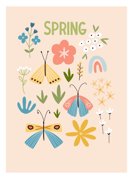 Tarjeta de primavera boho escandinavo con flores de primavera, ramas con flores, pájaros y mariposas. bueno para carteles, tarjetas, invitaciones, volantes, pancartas, carteles, folletos. ilustración vectorial.