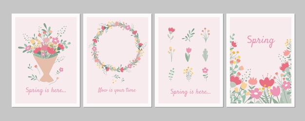 Tarjeta de primavera con composiciones de flores en diseño vintage Conjunto de ilustraciones de saludos lindos