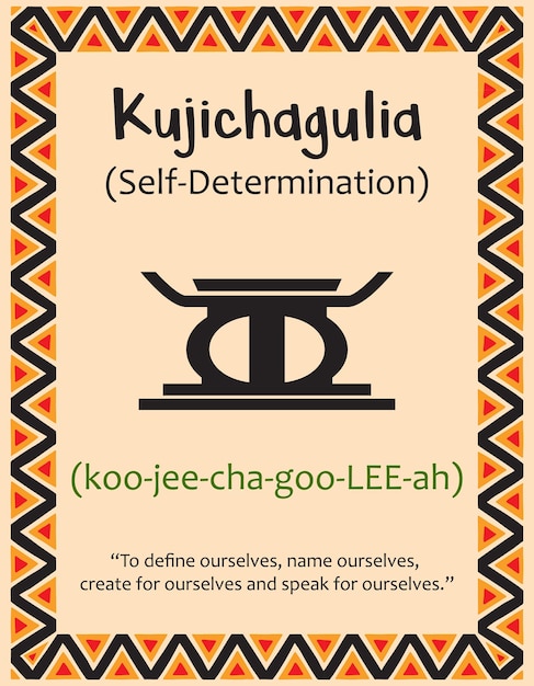 Una tarjeta con uno de los principios de Kwanzaa Símbolo Kujichagulia significa Autodeterminación en swahili Afiche con signo y descripción Patrón étnico africano en colores tradicionales Ilustración vectorial